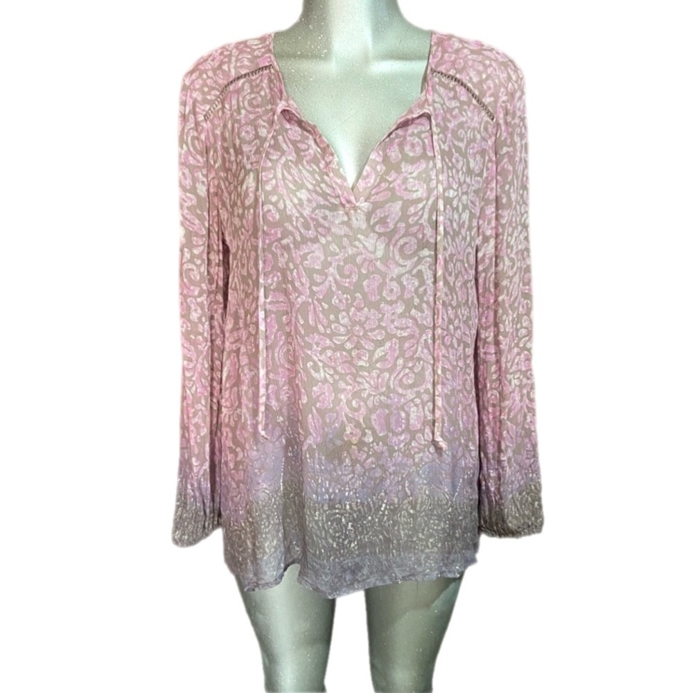 Lucky Brand Pink Sheer Floral Top Soft Girl Fairycore Ombré V Neck Long Slv Lrg